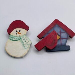 Brooch Lot of 2 Snowman Cardinal Bird Lapel Pin Handmade Wood Winter Christmas